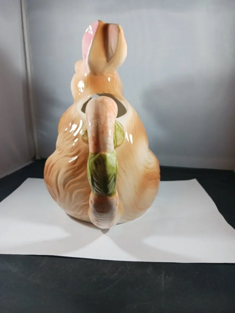 Ceramic Big Eyed Brown Bunny Rabbit Carrot Handle Pitcher Vase Easter Decor